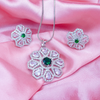 Elegant green Stone Silver Flowery Pendant & Earrings Set With Link Chain.