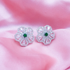 Elegant green Stone Silver Flowery Pendant & Earrings Set With Link Chain.