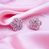 Elegant Pink Stone Silver Flowery Pendant & Earrings Set With Link Chain.