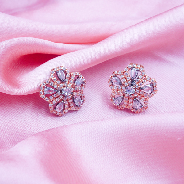 Elegant Pink Stone Silver Flowery Pendant & Earrings Set With Link Chain.