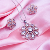 Elegant Pink Stone Silver Flowery Pendant & Earrings Set With Link Chain.
