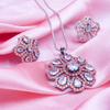 Elegant Pink Stone Silver Flowery Pendant & Earrings Set With Link Chain.