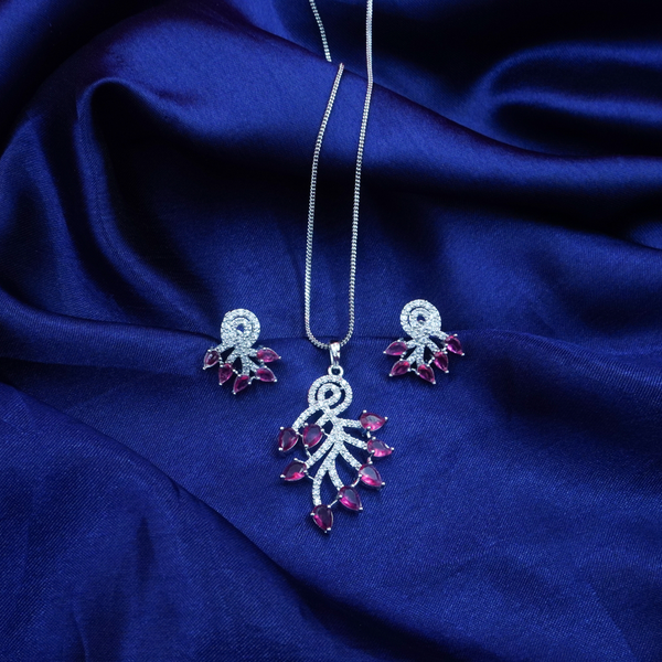 Elegant jewell Stone Silver And Pink Pendant & Earrings Set With Link Chain Foe women And Girls.
