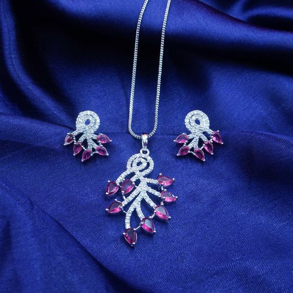 Elegant jewell Stone Silver And Pink Pendant & Earrings Set With Link Chain Foe women And Girls.
