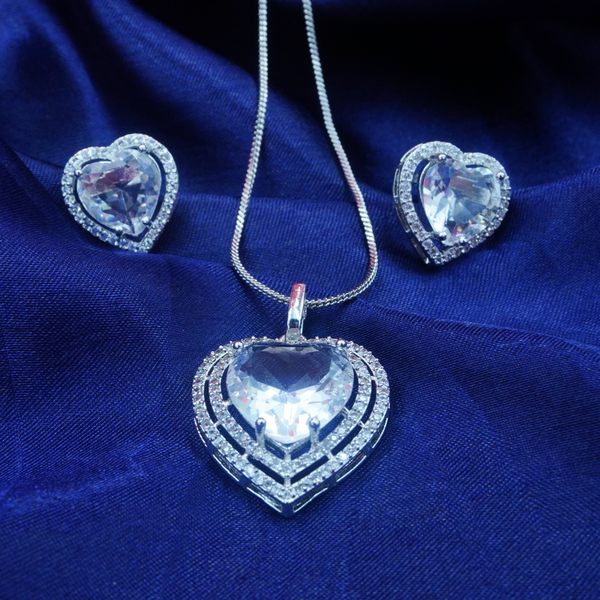 Elegant White Zarkan Heart Shape Pendant & Earrings Set With Link Chain For women And Girls.