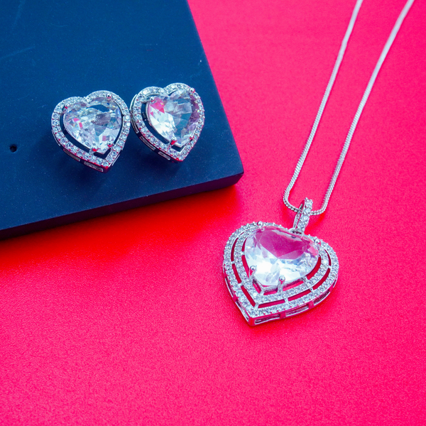 Elegant White Zarkan Heart Shape Pendant & Earrings Set With Link Chain For women And Girls.
