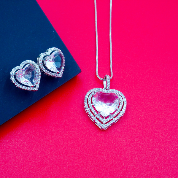 Elegant White Zarkan Heart Shape Pendant & Earrings Set With Link Chain For women And Girls.