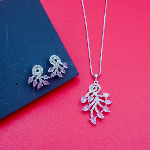 Elegant Pink Stone Silver Flowery Pendant & Earrings Set With Link Chain.