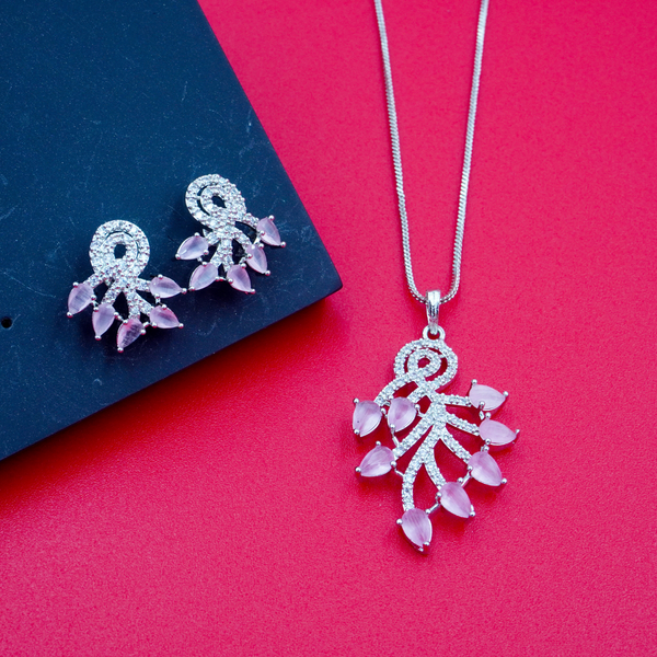 Elegant Pink Stone Silver Flowery Pendant & Earrings Set With Link Chain.