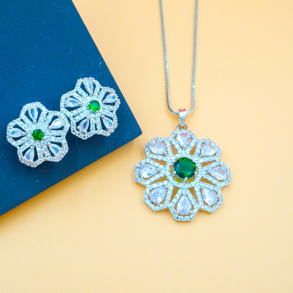 Elegant green Stone Silver Flowery Pendant & Earrings Set With Link Chain.