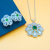 Elegant green Stone Silver Flowery Pendant & Earrings Set With Link Chain.