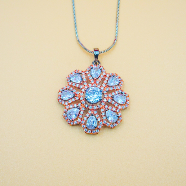 Elegant Pink Stone Silver Flowery Pendant & Earrings Set With Link Chain.