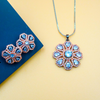 Elegant Pink Stone Silver Flowery Pendant & Earrings Set With Link Chain.