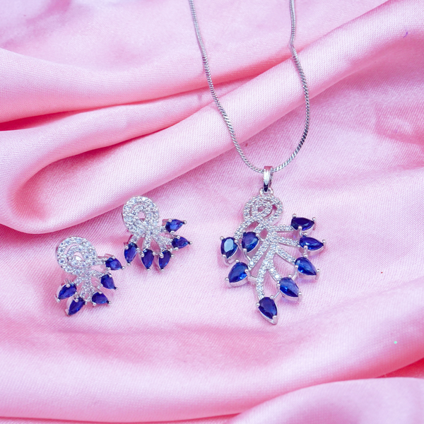 Elegant jewell Stone Blue Pendant & Earrings Set With Link Chain For women And Girls.