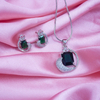 Elegant green Stone Silver Flowery Pendant & Earrings Set With Link Chain.