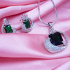 Elegant green Stone Silver Flowery Pendant & Earrings Set With Link Chain.